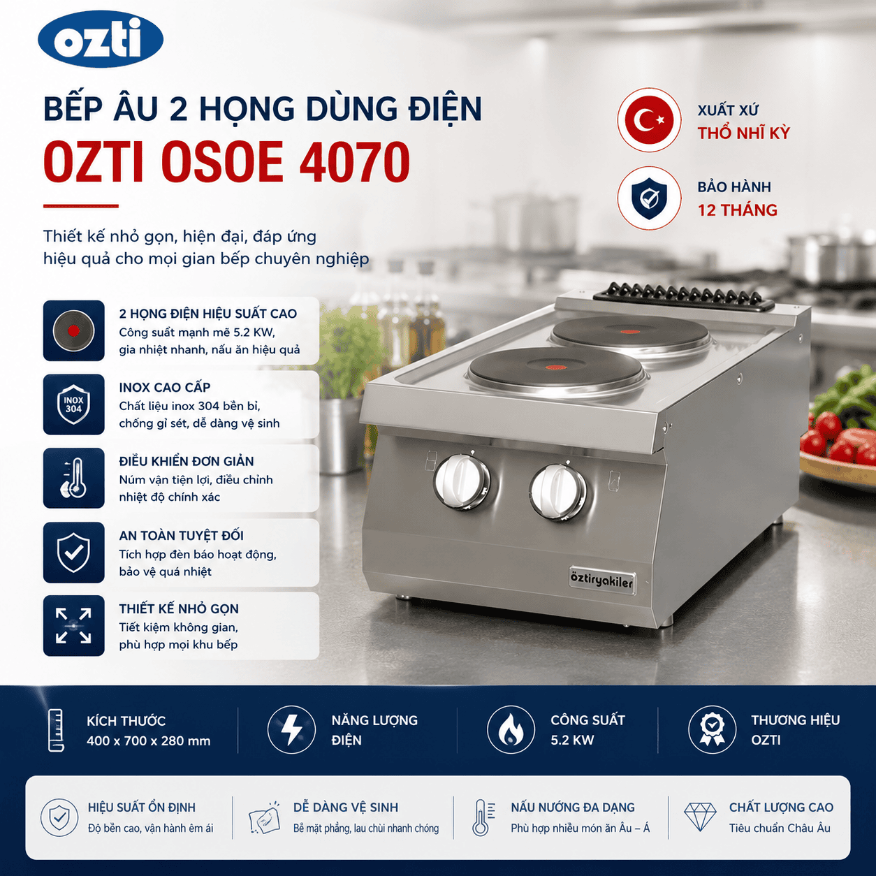 Bếp Âu 2 họng dùng điện Ozti OSOE 4070