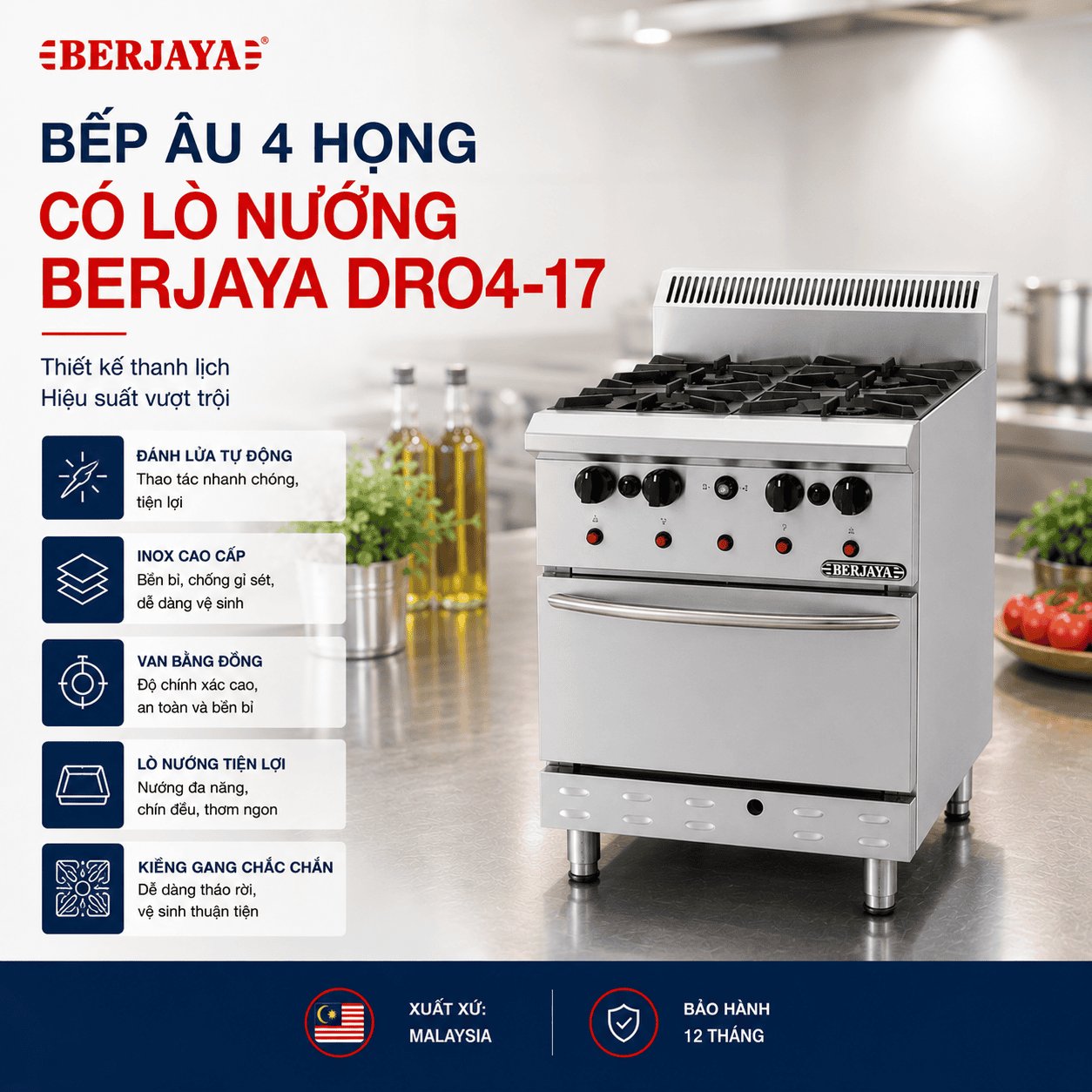 Bếp Âu 4 họng có lò nướng Berjaya DRO4-17