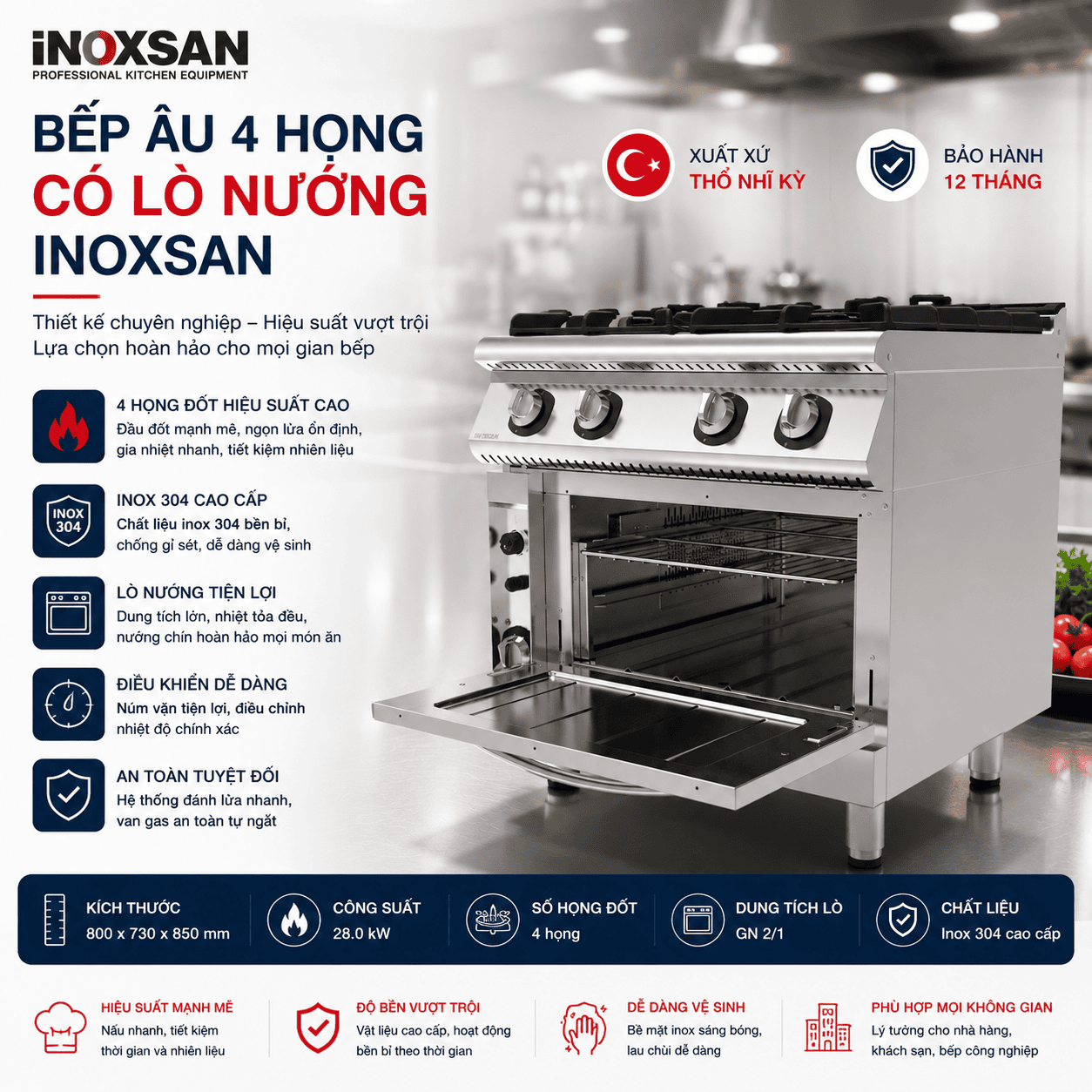 Bếp Âu 4 họng có lò nướng Inoksan