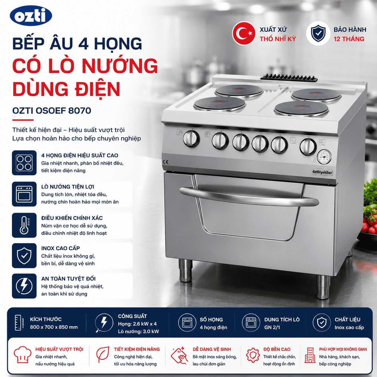 Bếp Âu 4 họng có lò nướng dùng điện Ozti OSOEF 8070