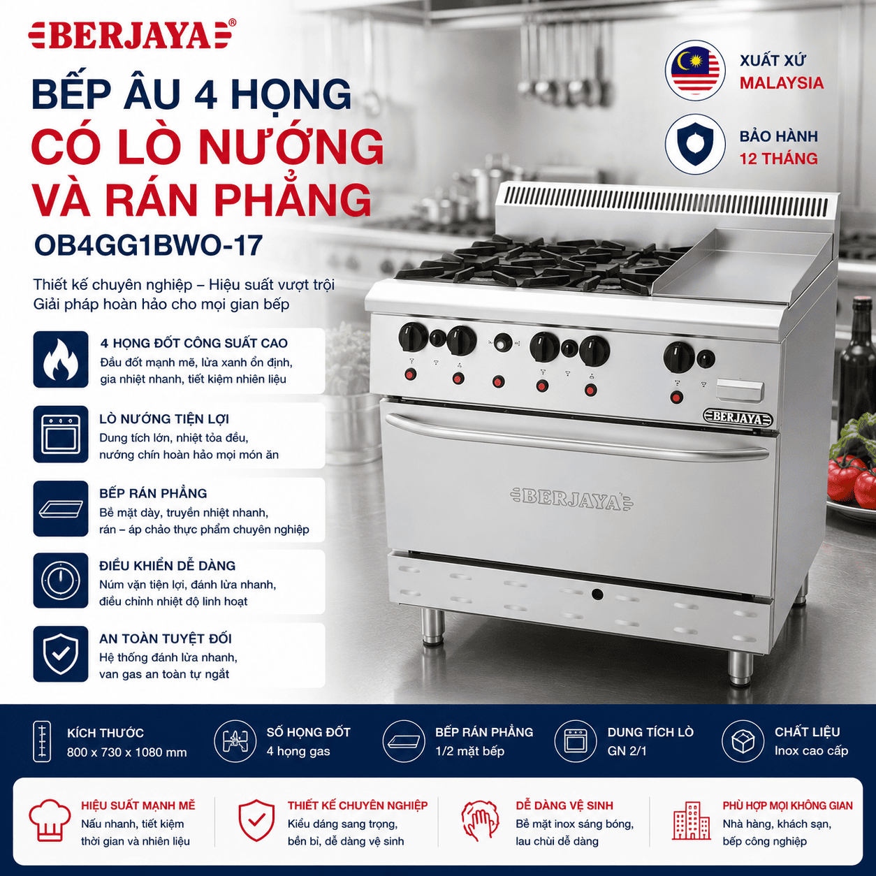 Bếp Âu 4 họng có lò nướng và rán phẳng BERJAYA OB4GG1BWO-17
