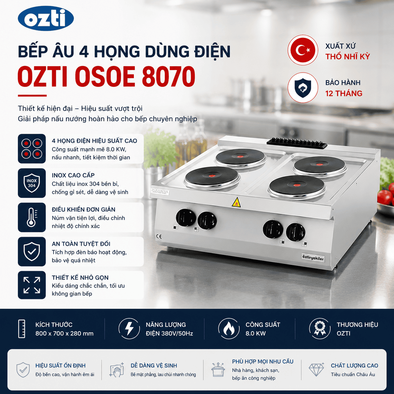 Bếp Âu 4 họng dùng điện Ozti OSOE 8070