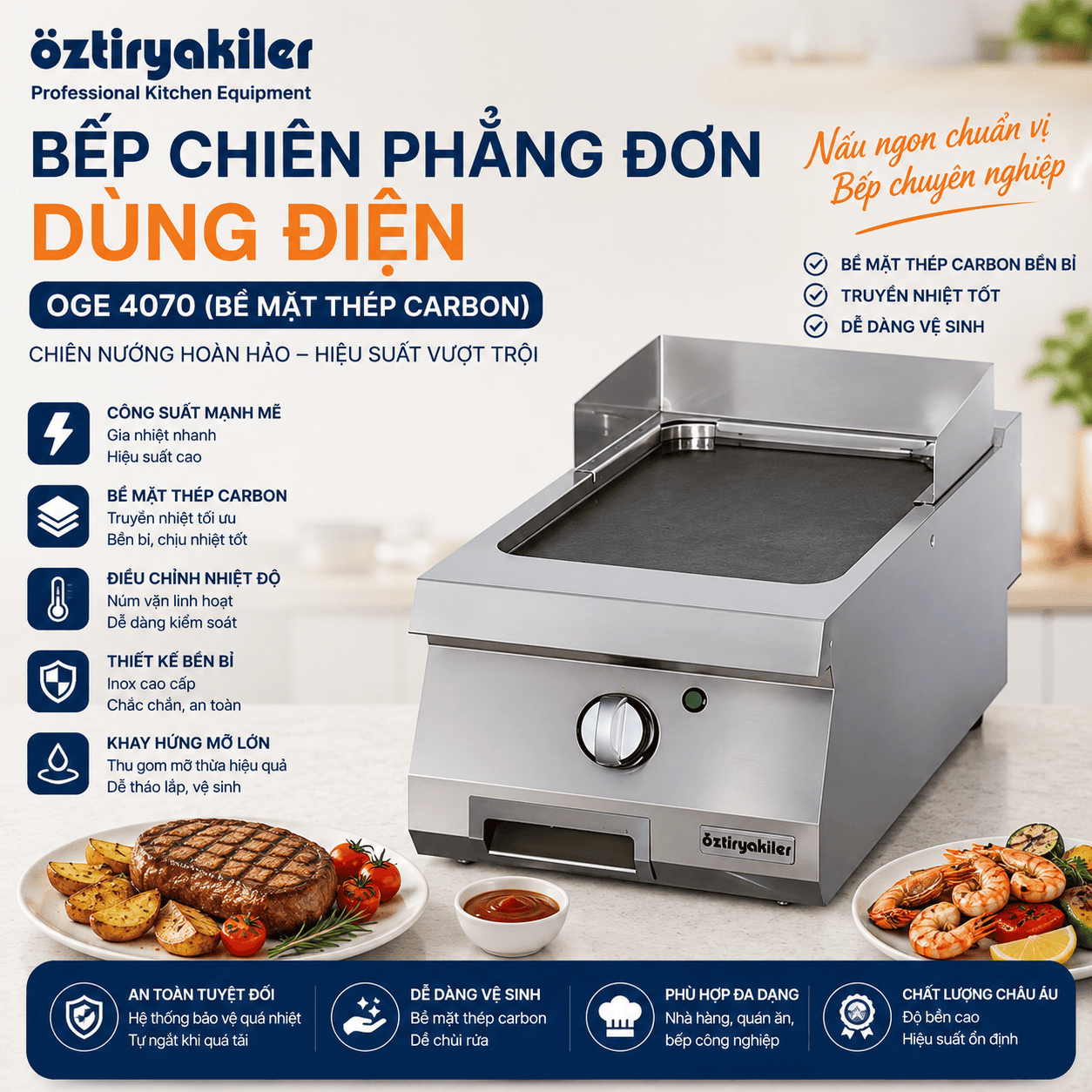 Bếp Chiên Phẳng Đơn Dùng Điện OGE 4070 (Bề mặt thép Carbon)