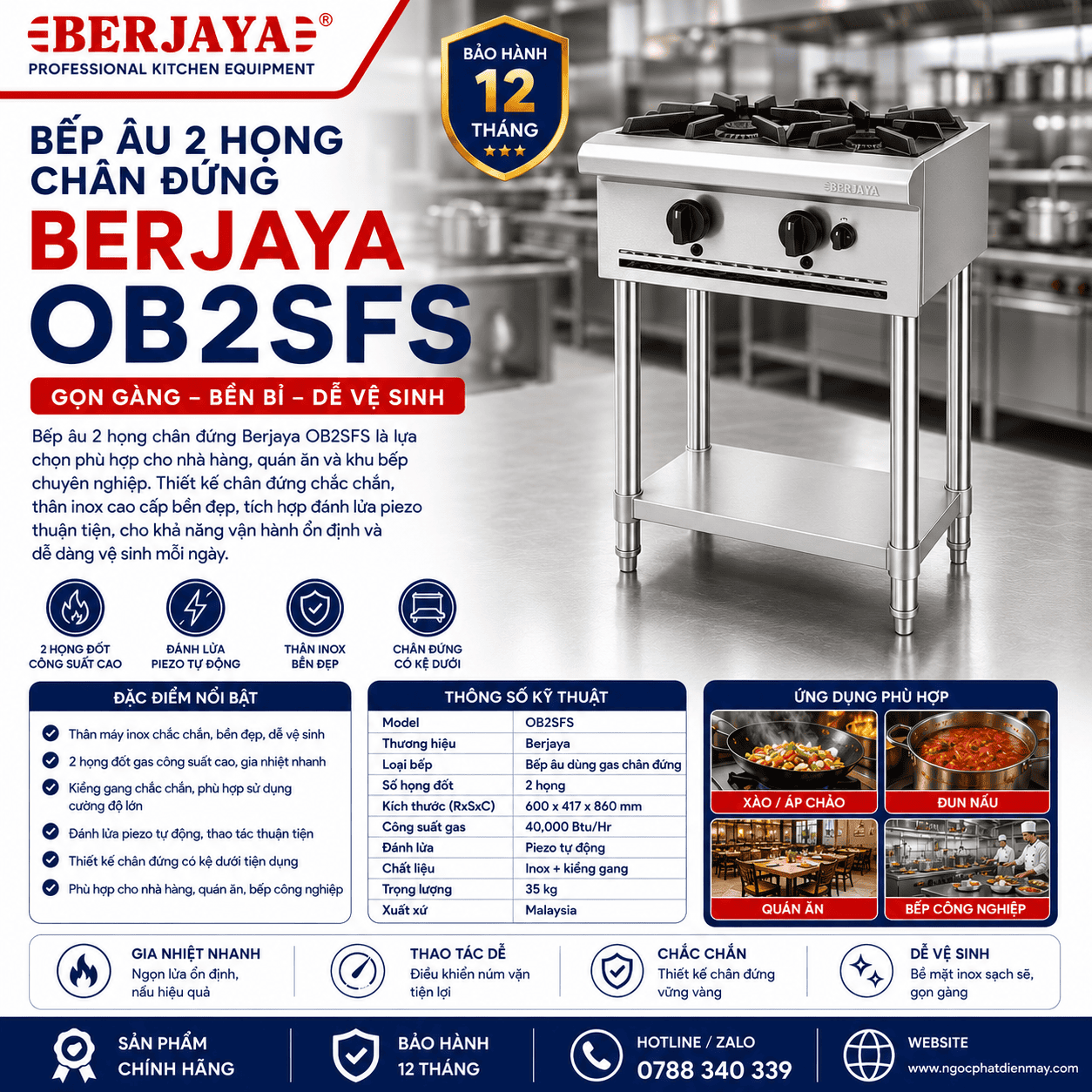 Bếp âu 2 họng chân đứng Berjaya OB2SFS