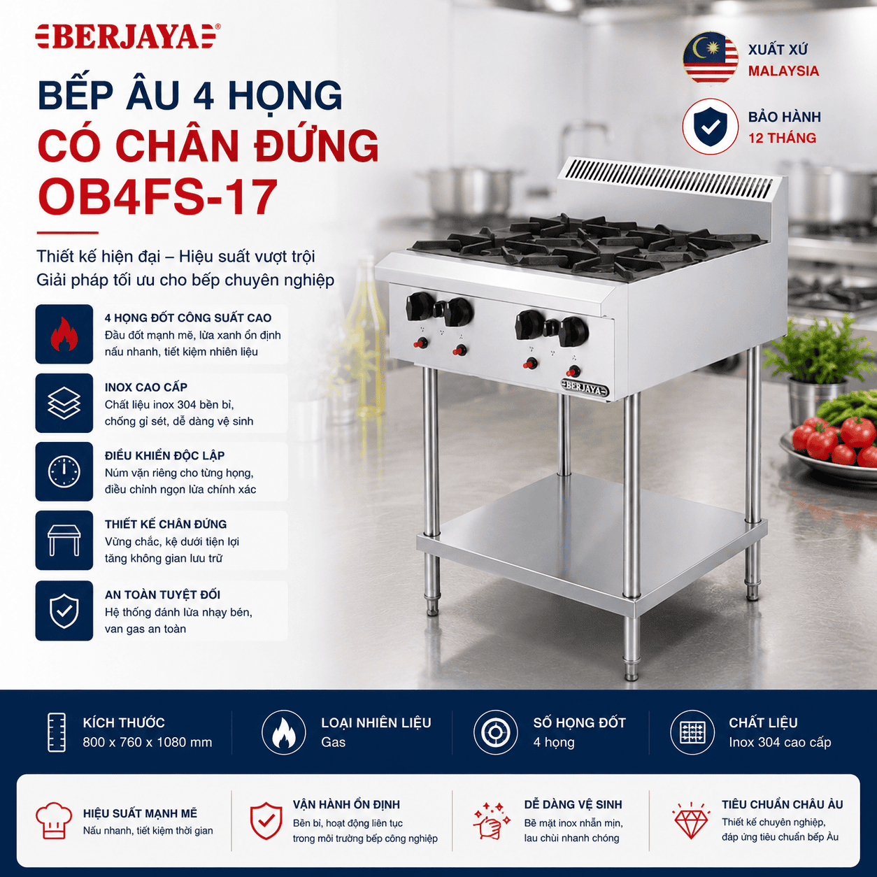 Bếp âu 4 họng có chân đứng Berjaya OB4FS-17