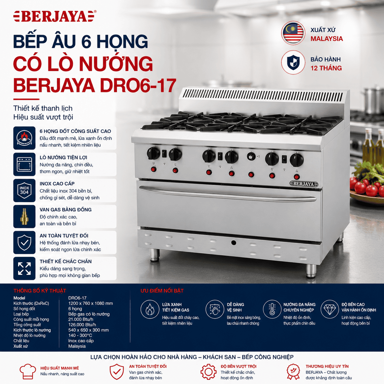 Bếp âu 6 họng có lò nướng Berjaya DRO6-17