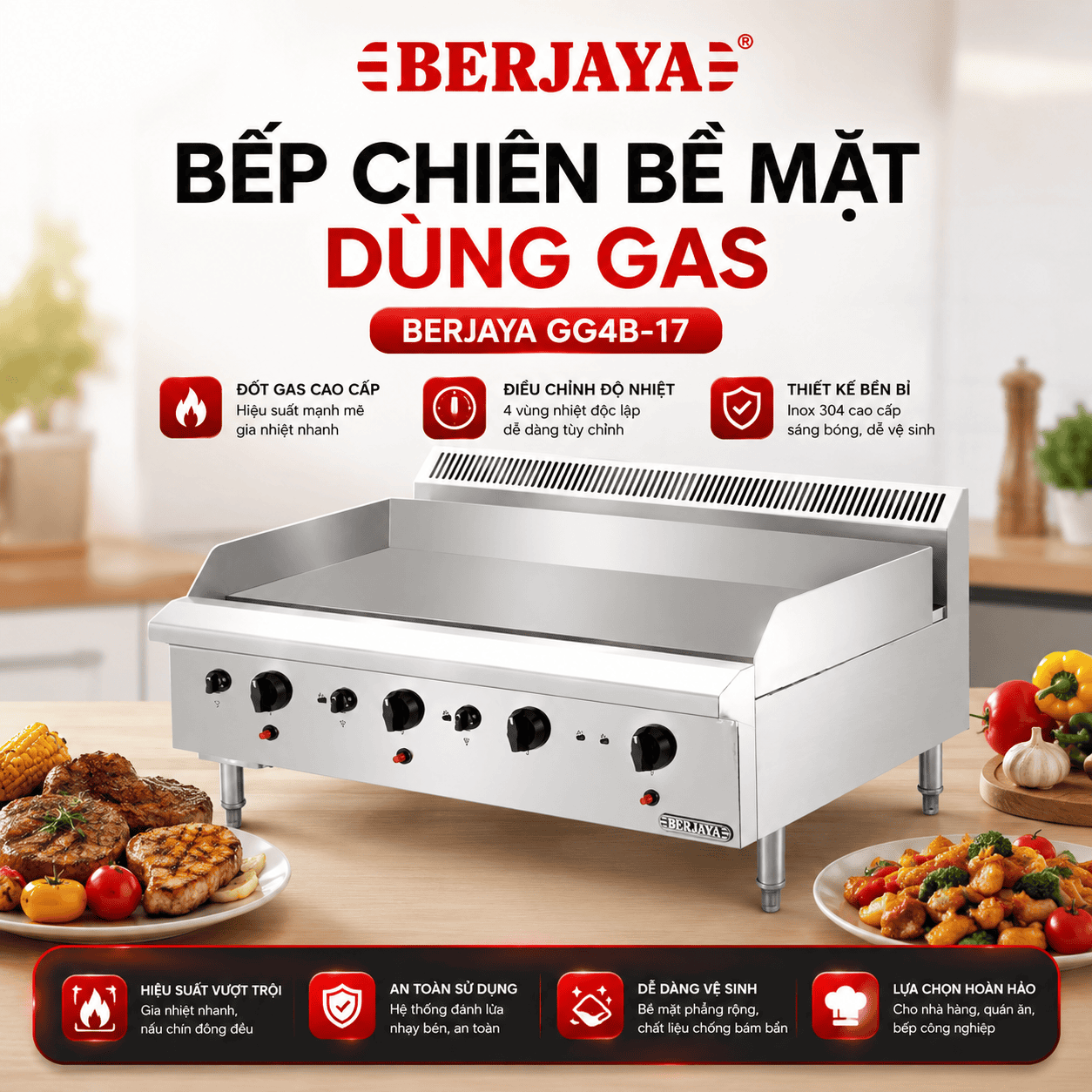 Bếp chiên bề mặt dùng gas BERJAYA GG4B-17