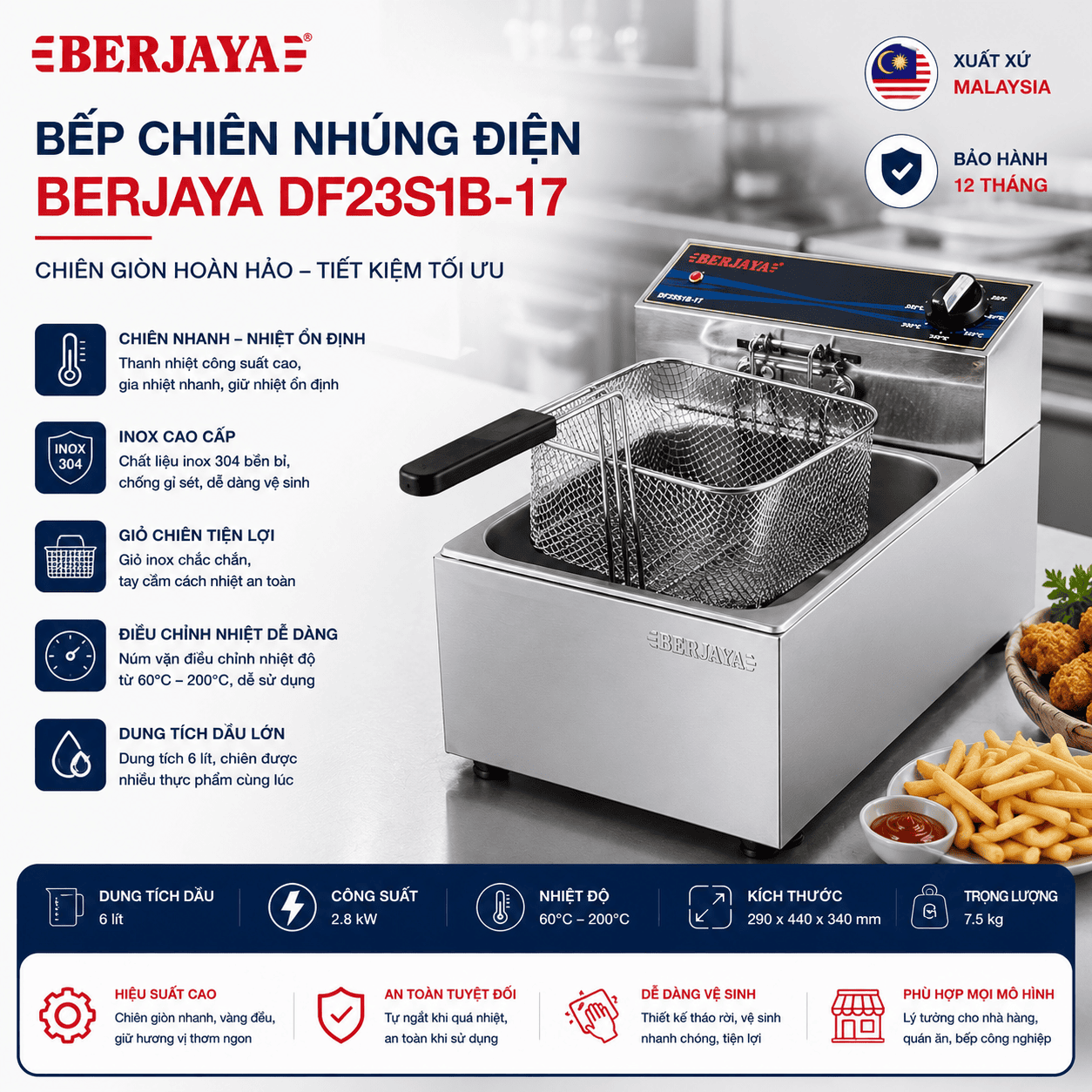 Bếp chiên nhúng điện BERJAYA DF23S1B-17