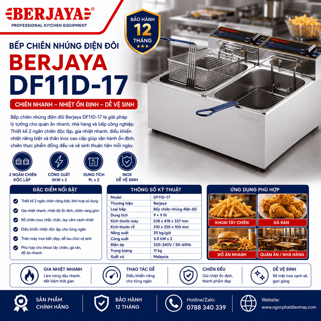 Bếp chiên nhúng điện đôi Berjaya DF11D-17