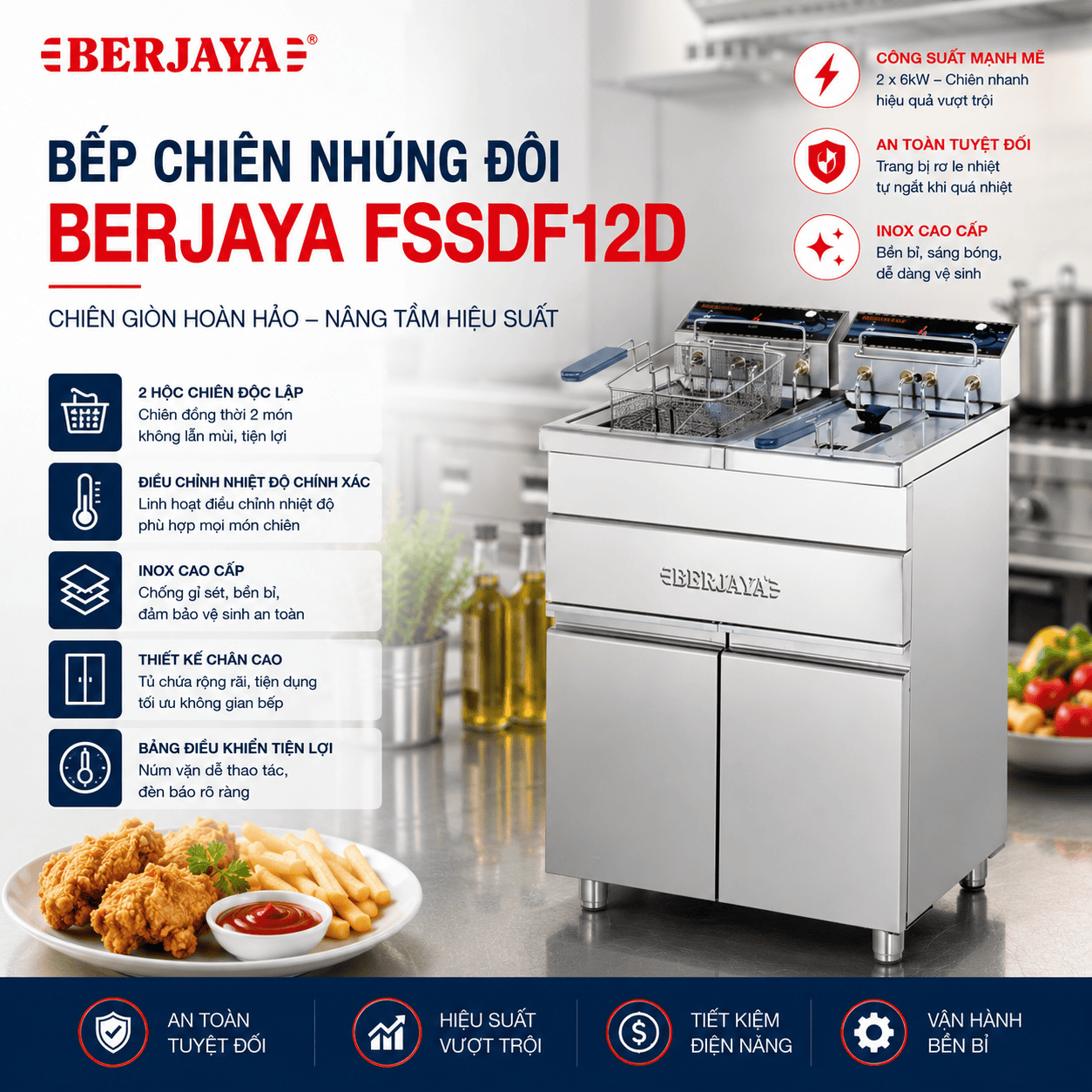Bếp chiên nhúng đôi chân cao dùng điện BERJAYA FSSDF12D
