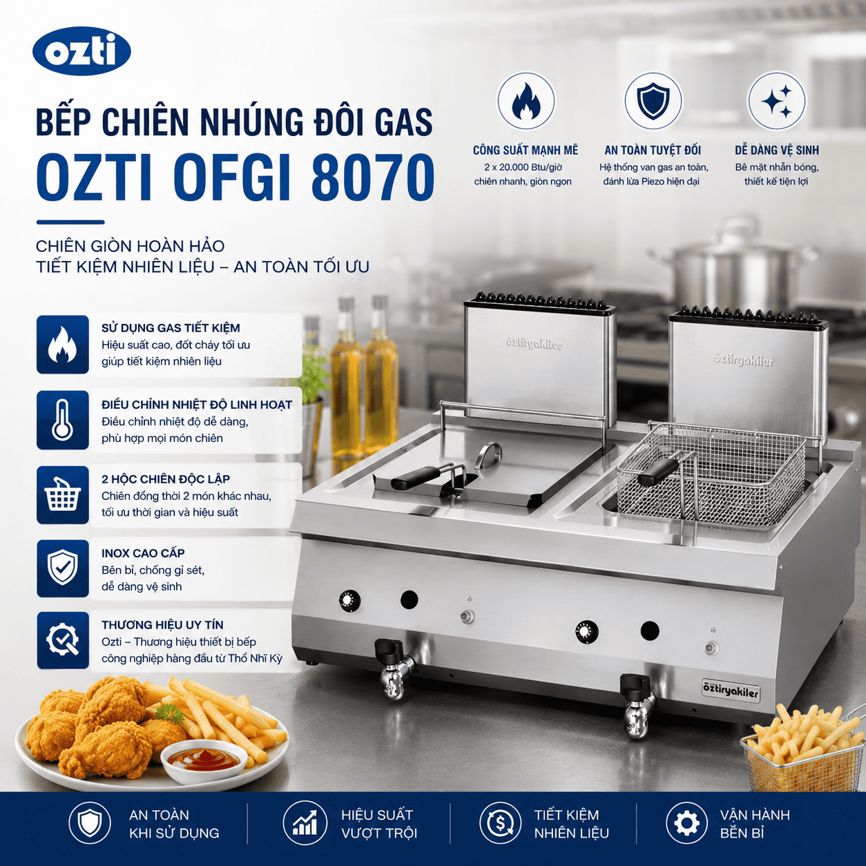 Bếp chiên nhúng đôi dùng ga Ozti OFGI 8070