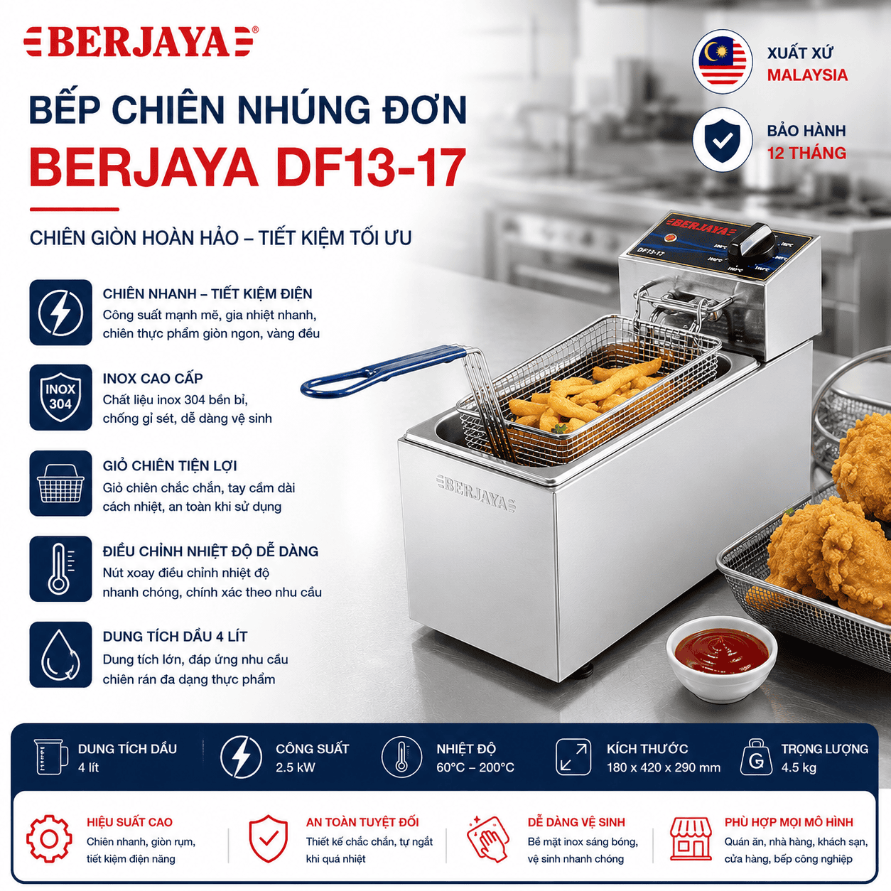Bếp chiên nhúng đơn dùng điện BERJAYA DF13-17