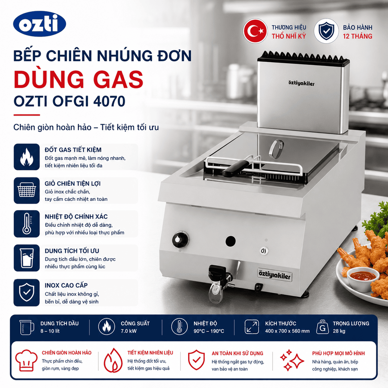 Bếp chiên nhúng đơn dùng ga Ozti OFGI 4070