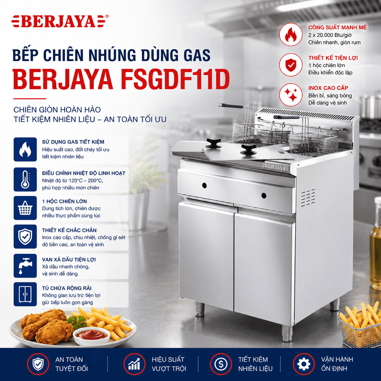 Bếp chiên nhúng dùng gas BERJAYA FSGDF11D