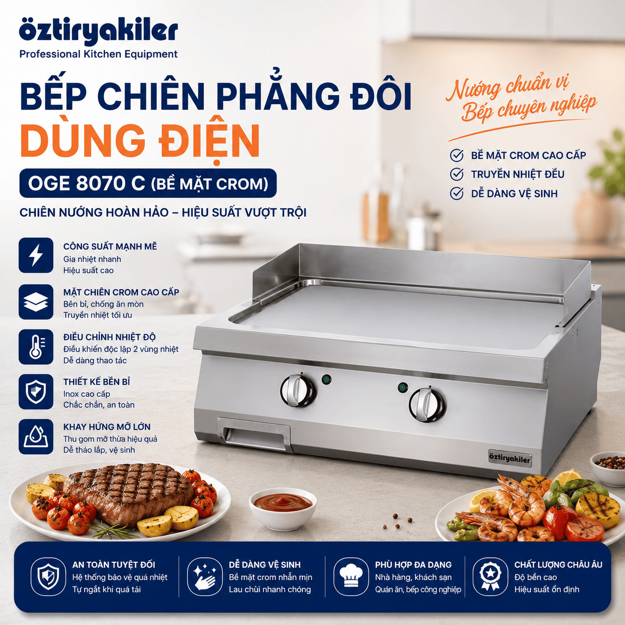 Bếp chiên phẳng đôi dùng điện OGE 8070 C (Bề mặt Crom)