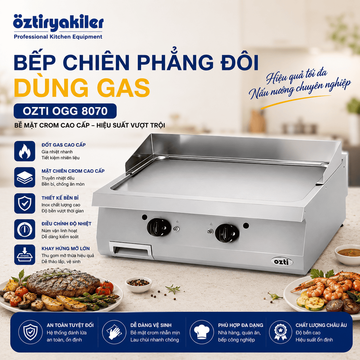 Bếp chiên phẳng đôi dùng gas Ozti OGG 8070 ( Bề mặt Crom)