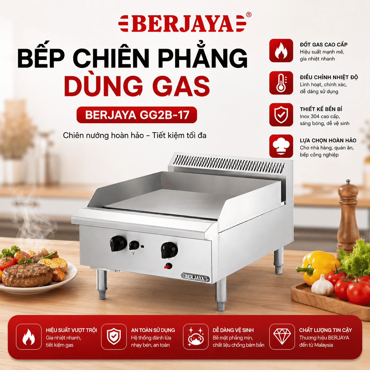Bếp chiên phẳng dùng gas BERJAYA GG2B-17