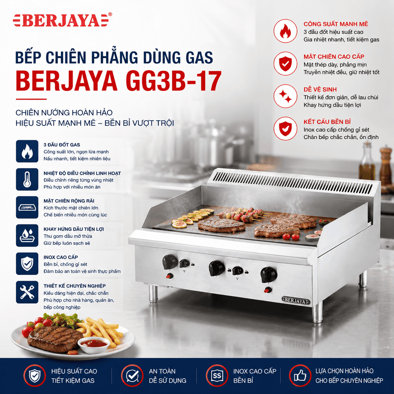 Bếp chiên phẳng dùng gas BERJAYA GG3B-17