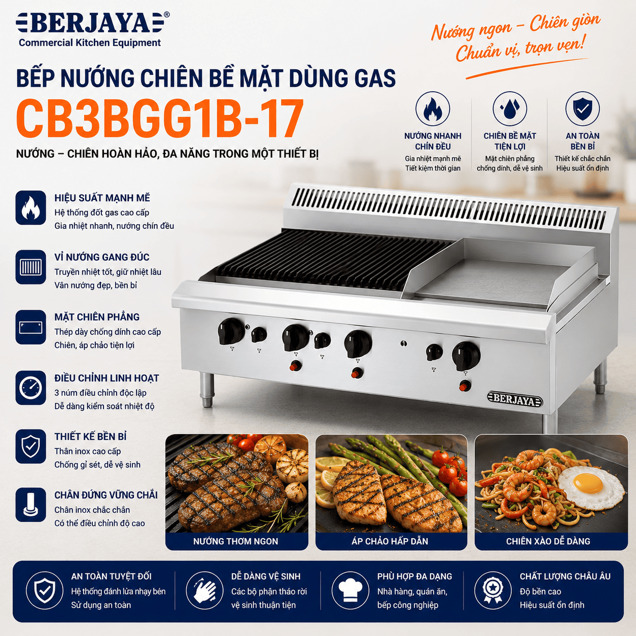 Bếp nướng chiên bề mặt dùng gas BERJAYA CB3BGG1B-17