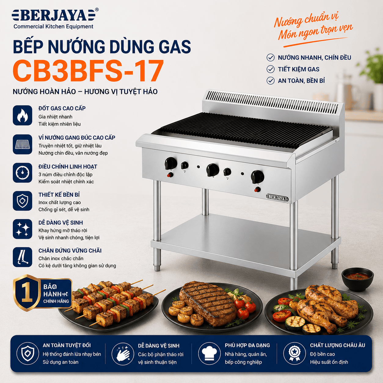 Bếp nướng dùng gas BERJAYA CB3BFS-17
