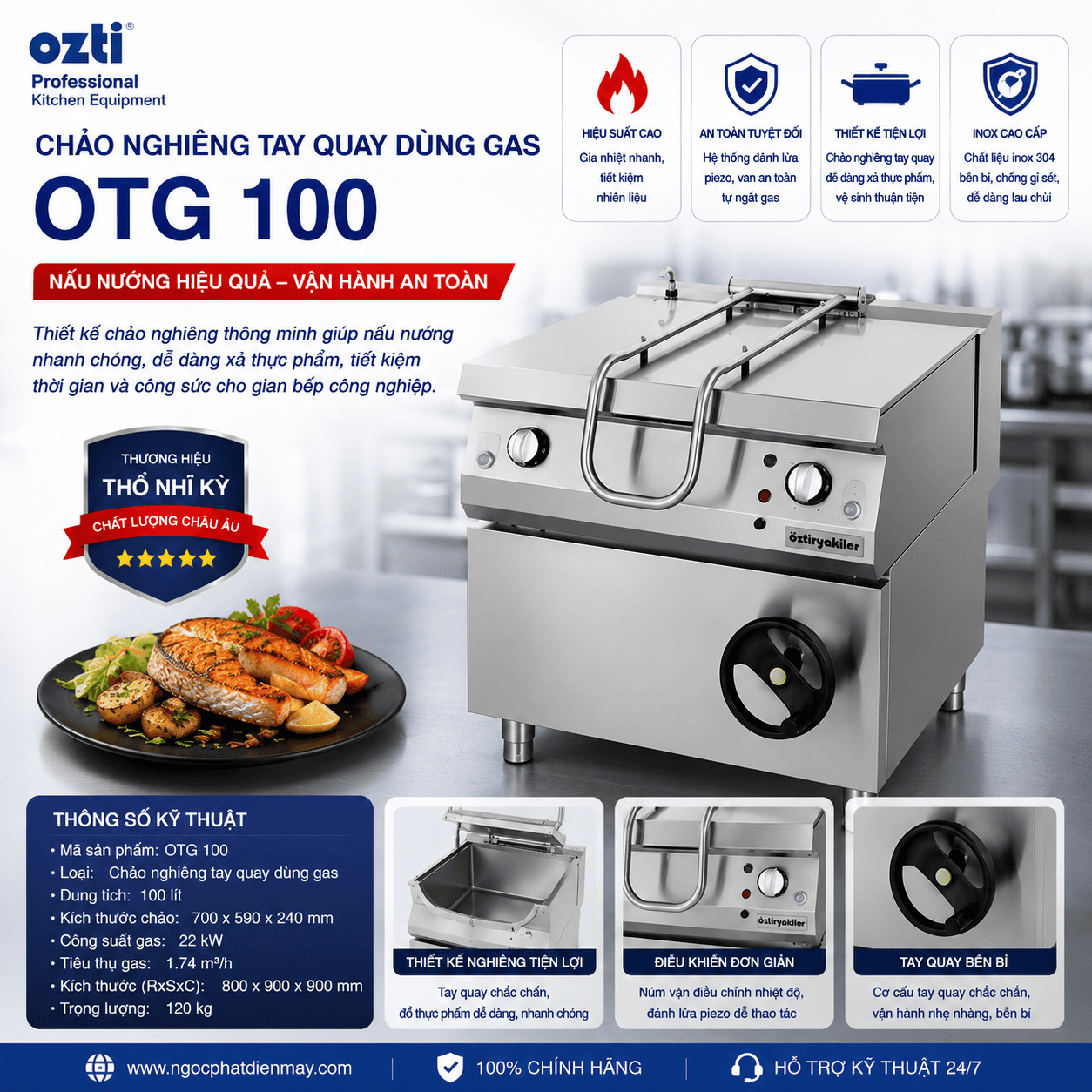 Chảo nghiêng tay quay dùng Gas OTG 100