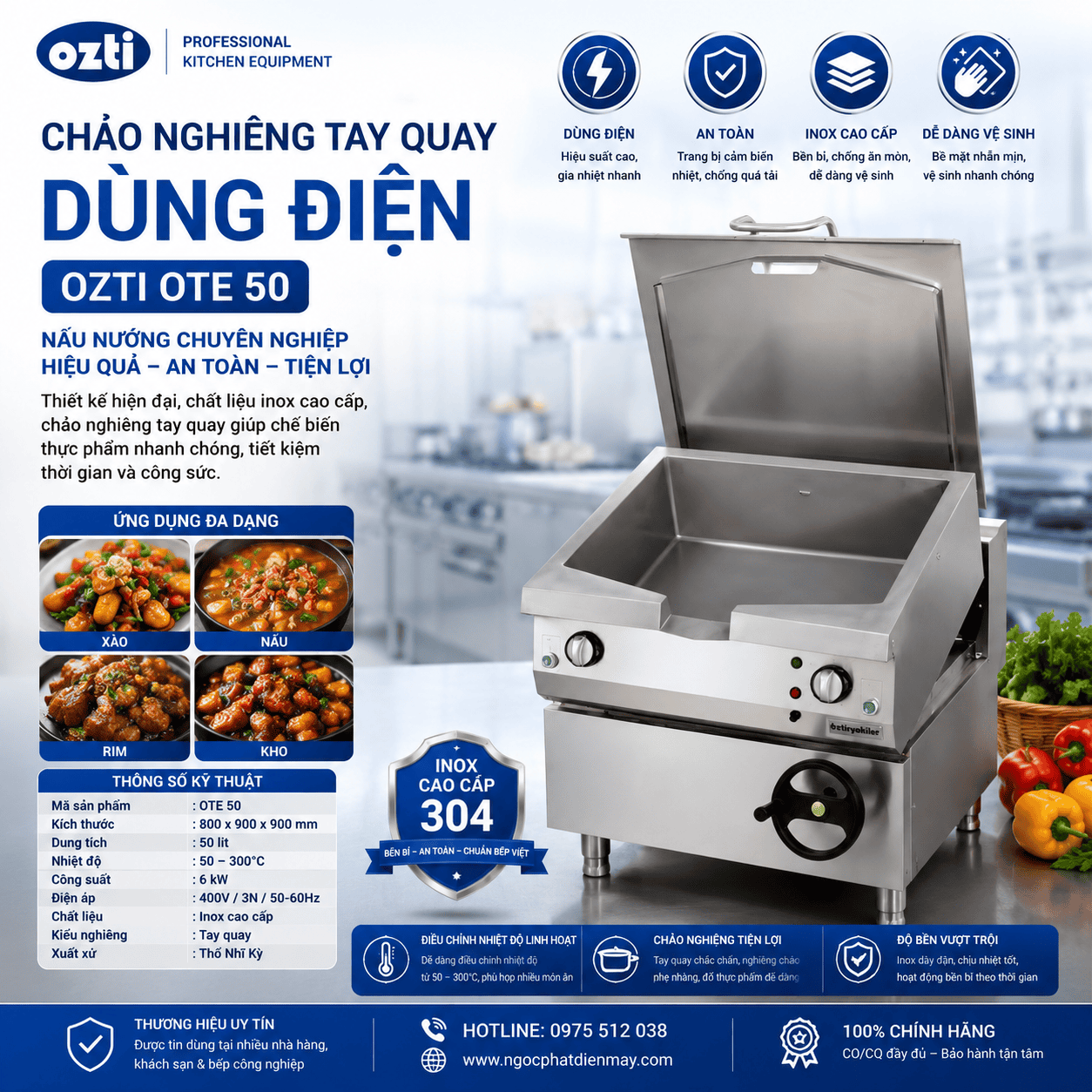 Chảo nghiêng tay quay dùng điện OTE 50