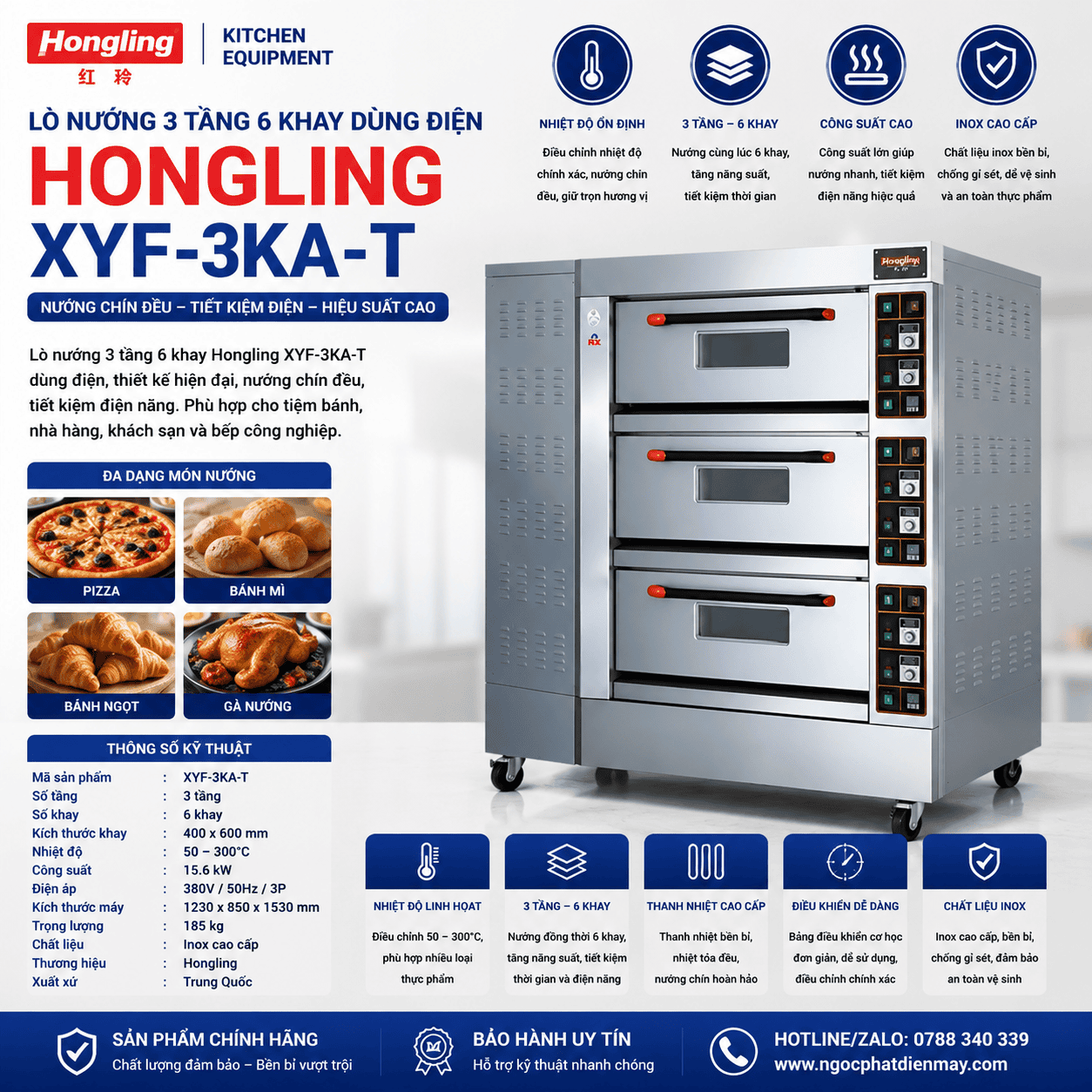 Lò nướng 3 tầng 6 khay dùng điện Hongling XYF-3KA-T