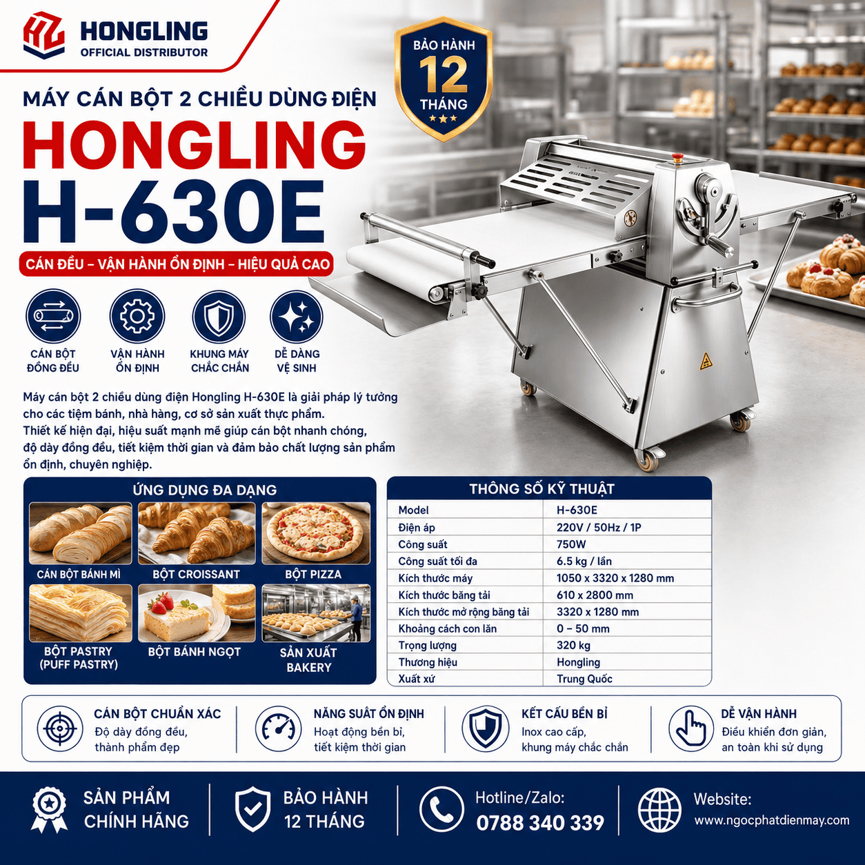 Máy cán bột 2 chiều dùng điện Hongling H-630E