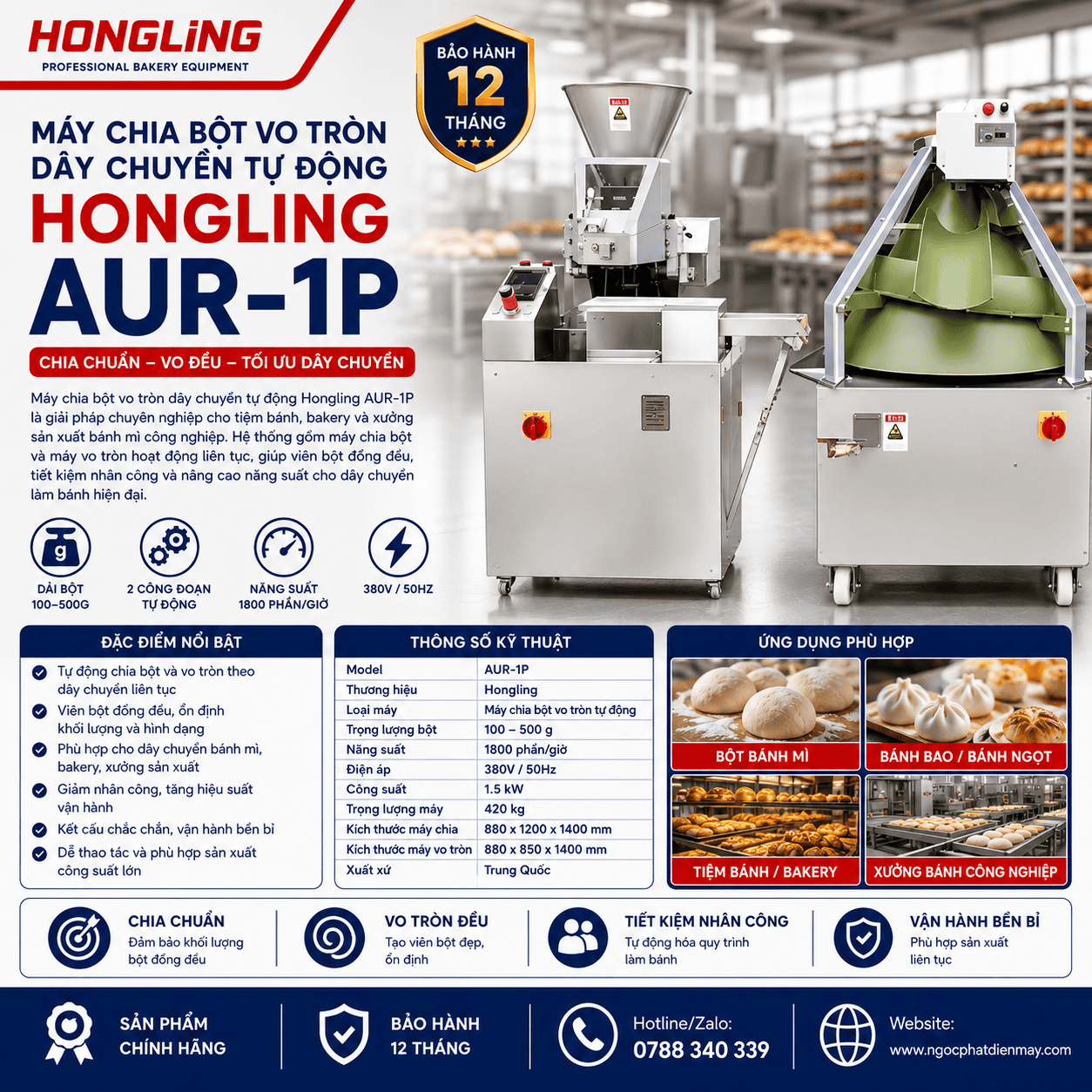 Máy chia bột vo tròn dây chuyền tự động Hongling AUR-1P