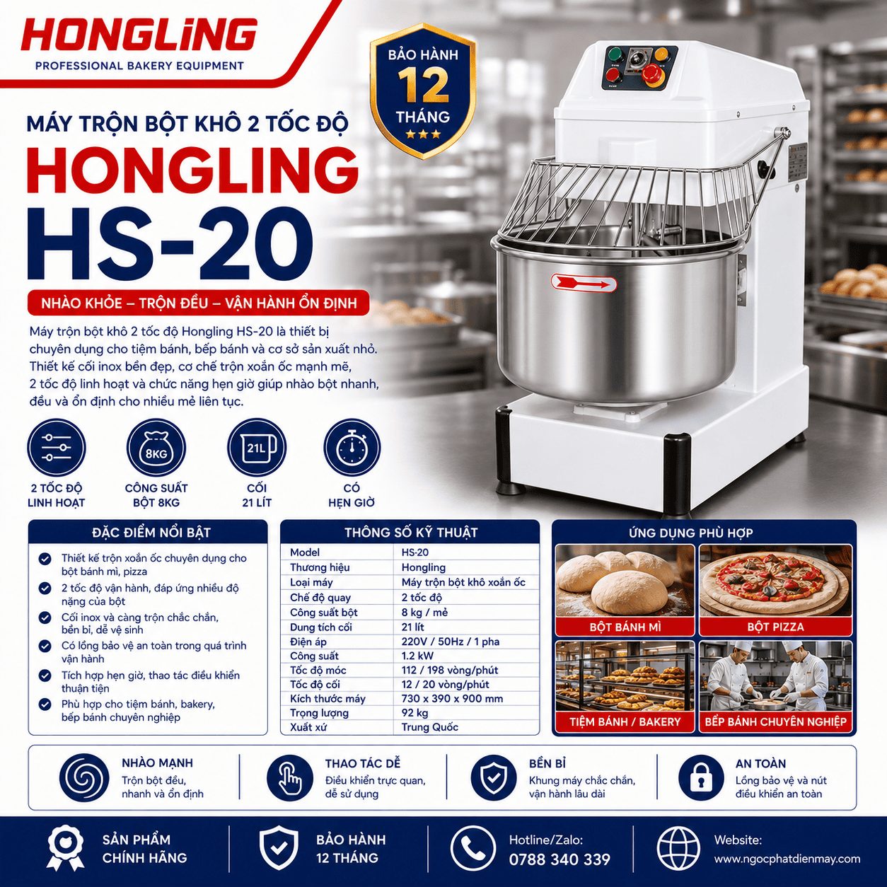 Máy trộn bột khô 2 tốc độ Hongling HS-20 (8kg bột)