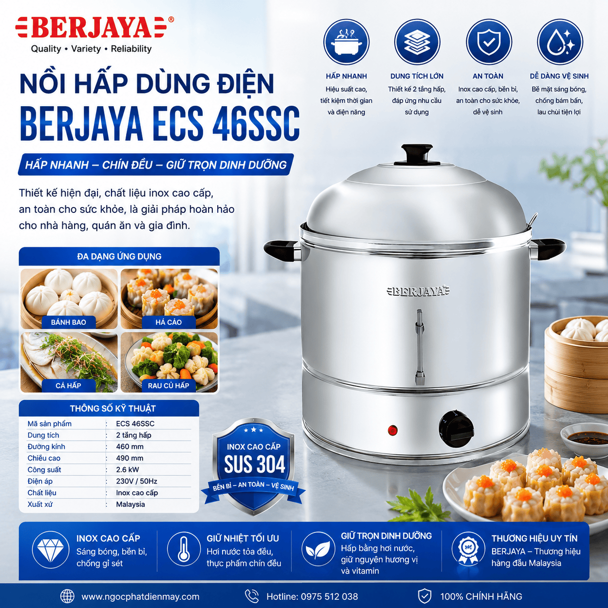 Nồi hấp dùng điện BERJAYA ECS 46SSC
