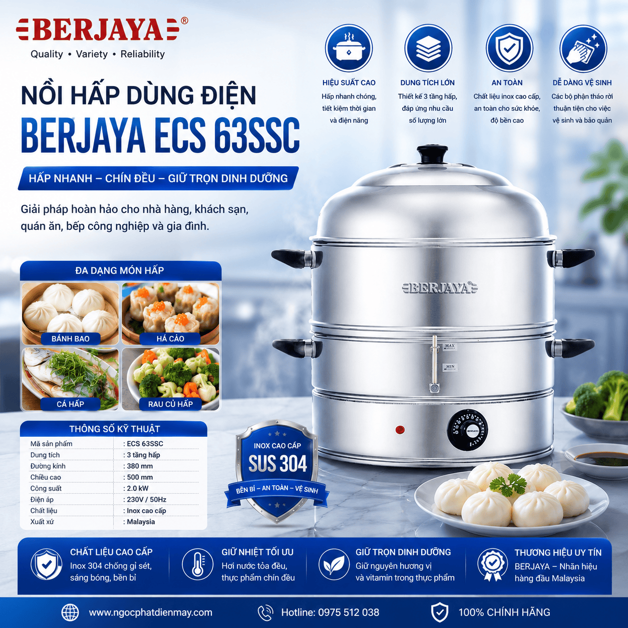 Nồi hấp dùng điện BERJAYA ECS 63SSC