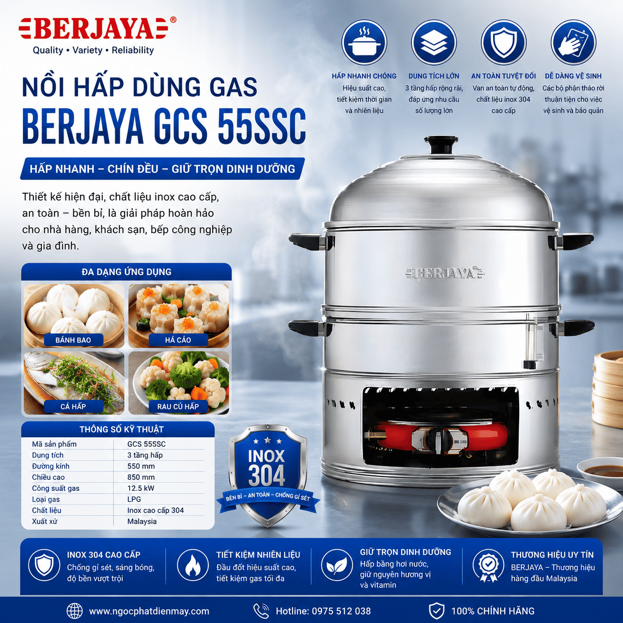 Nồi hấp dùng gas Berjaya GCS 55SSC