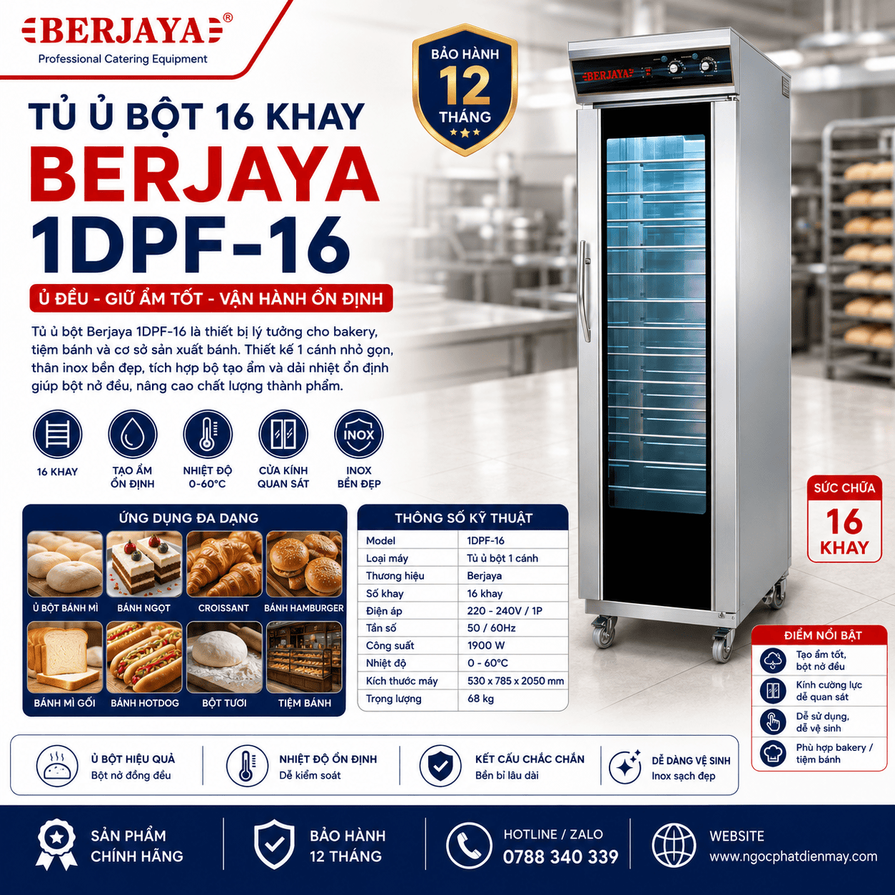 Tủ ủ bột 16 khay BERJAYA 1DPF-16