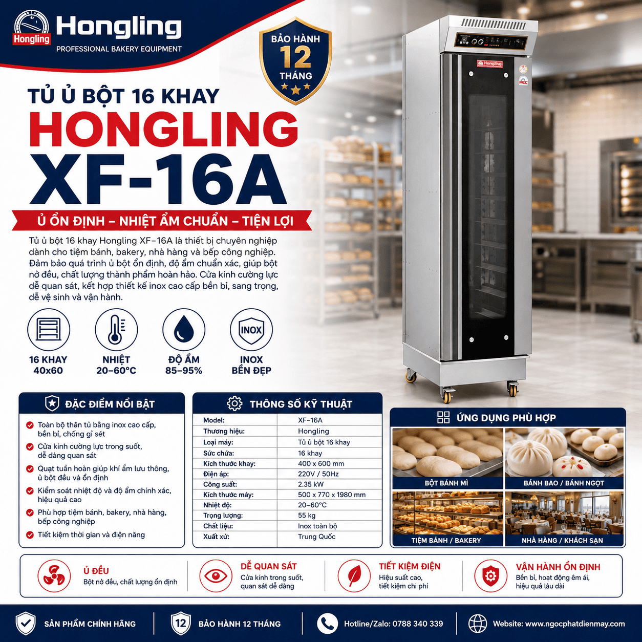 Tủ ủ bột 16 khay Hongling XF-16A